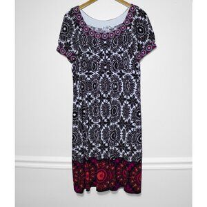 VTG 90s Maggy L. Medallion Border Print Babydoll Shift Dress Magenta/Black 14/L